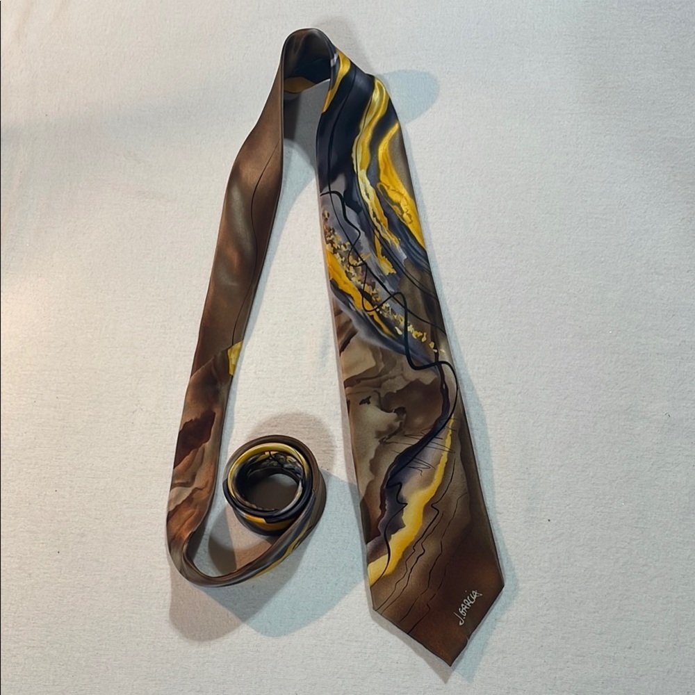 J. Garcia Rhino & Puppy Collection #10 Brown Yellow Silk Tie Signature Coll.